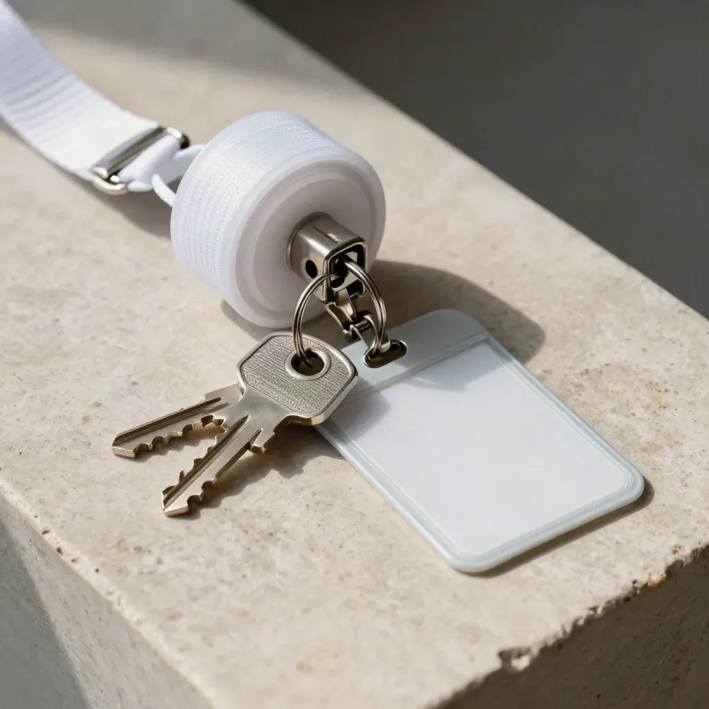 Hospital access kit with badge reel, cabinet key, fob and latch plate on pale stone.