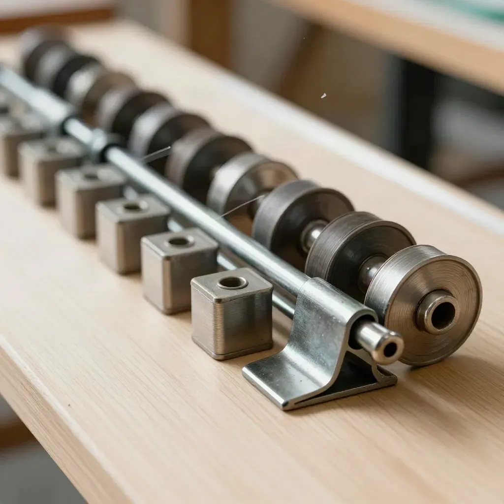 Industrial textile tools: bobbins, loom shuttle and metal swatch clamps on pale wood