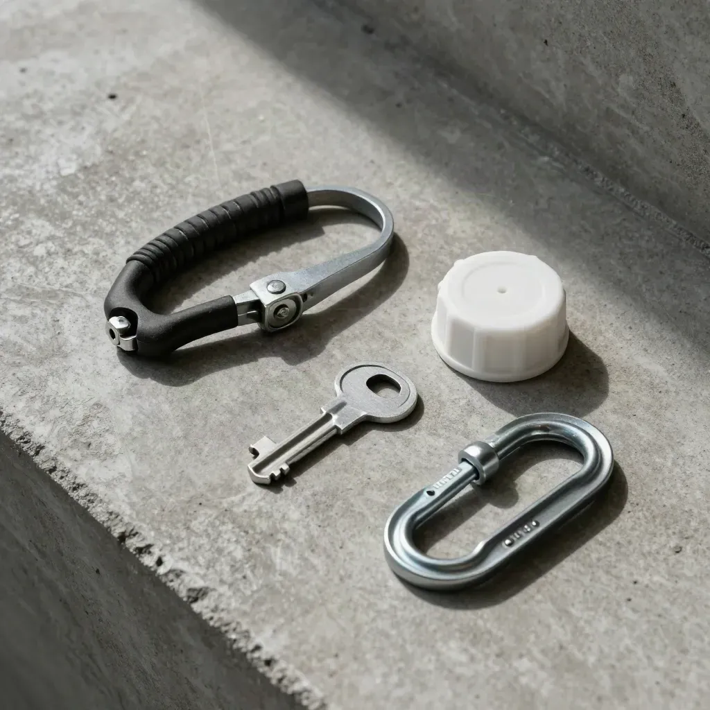 Top-down lockout-tagout kit on concrete with steel key and white cable cap