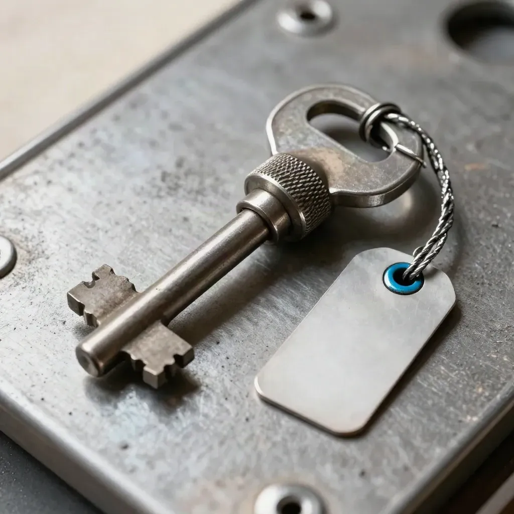 Macro of a rail signal key, lock cylinder and cyan-tagged tether on brushed steel.
