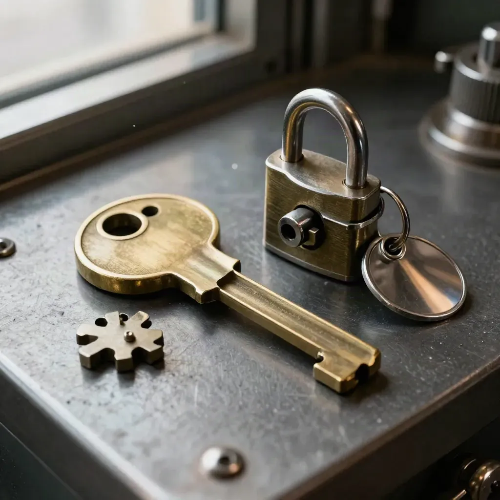 Brass key blank, half-turned lock core, and ring tag on brushed metal