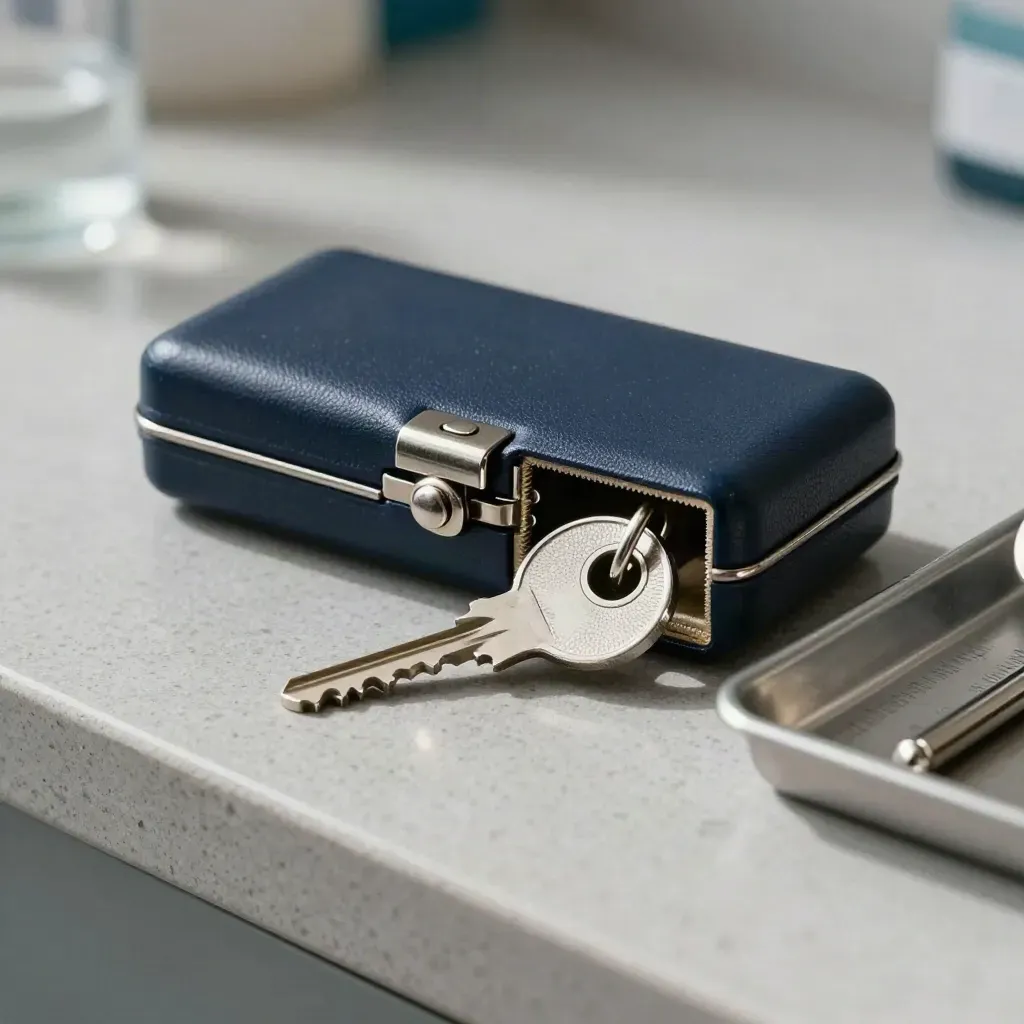 Opened lab token case, slim key and sterile clamp tray on stone under dramatic studio light