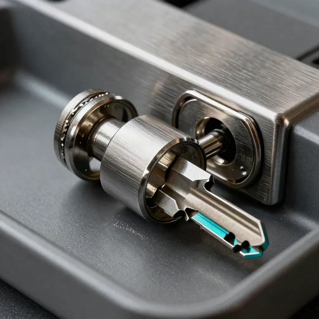 Macro still life of a master key beside a lock cylinder and tamper seals on matte graphite.