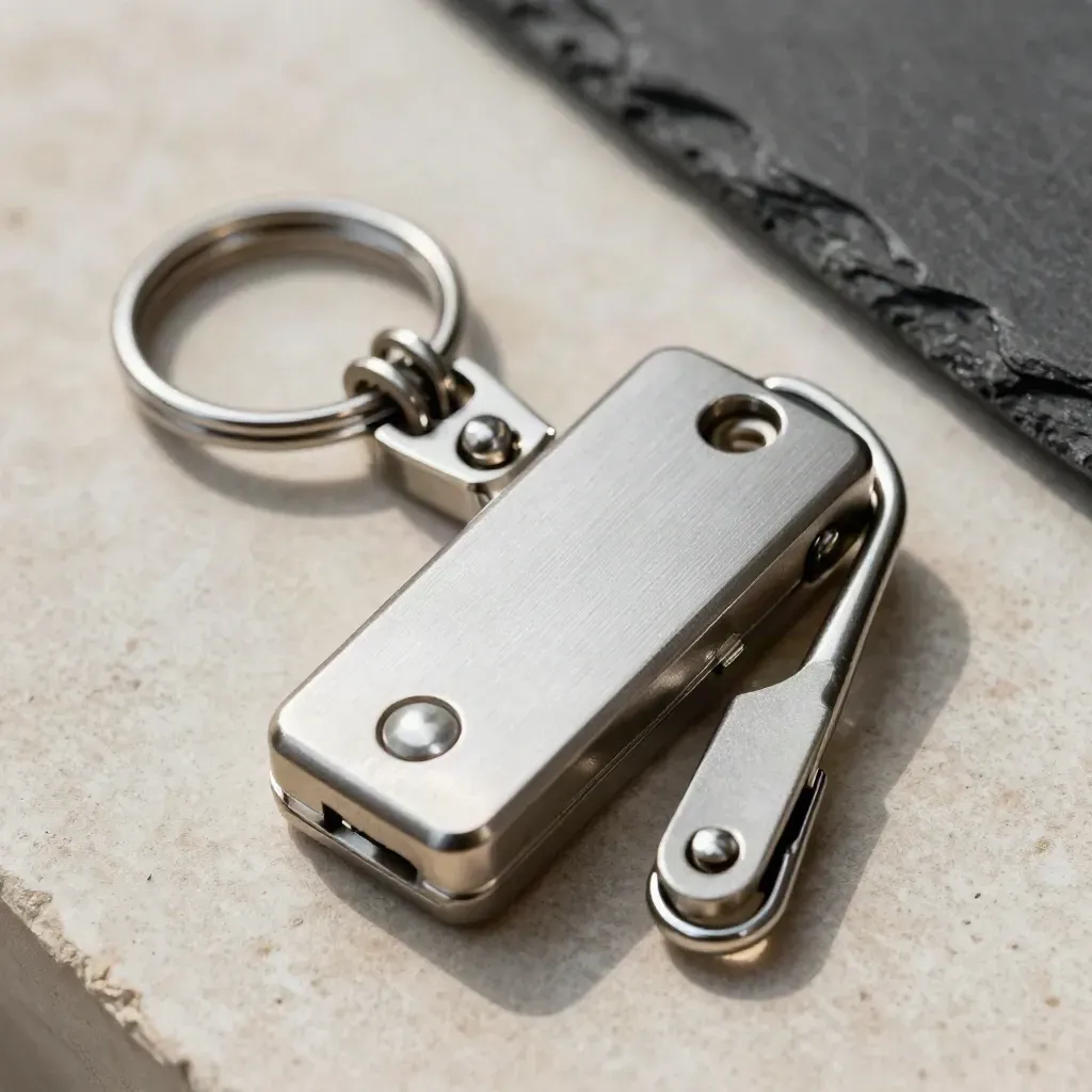 Hardware token, cable clip, and lockout ring on pale stone under dramatic studio light.