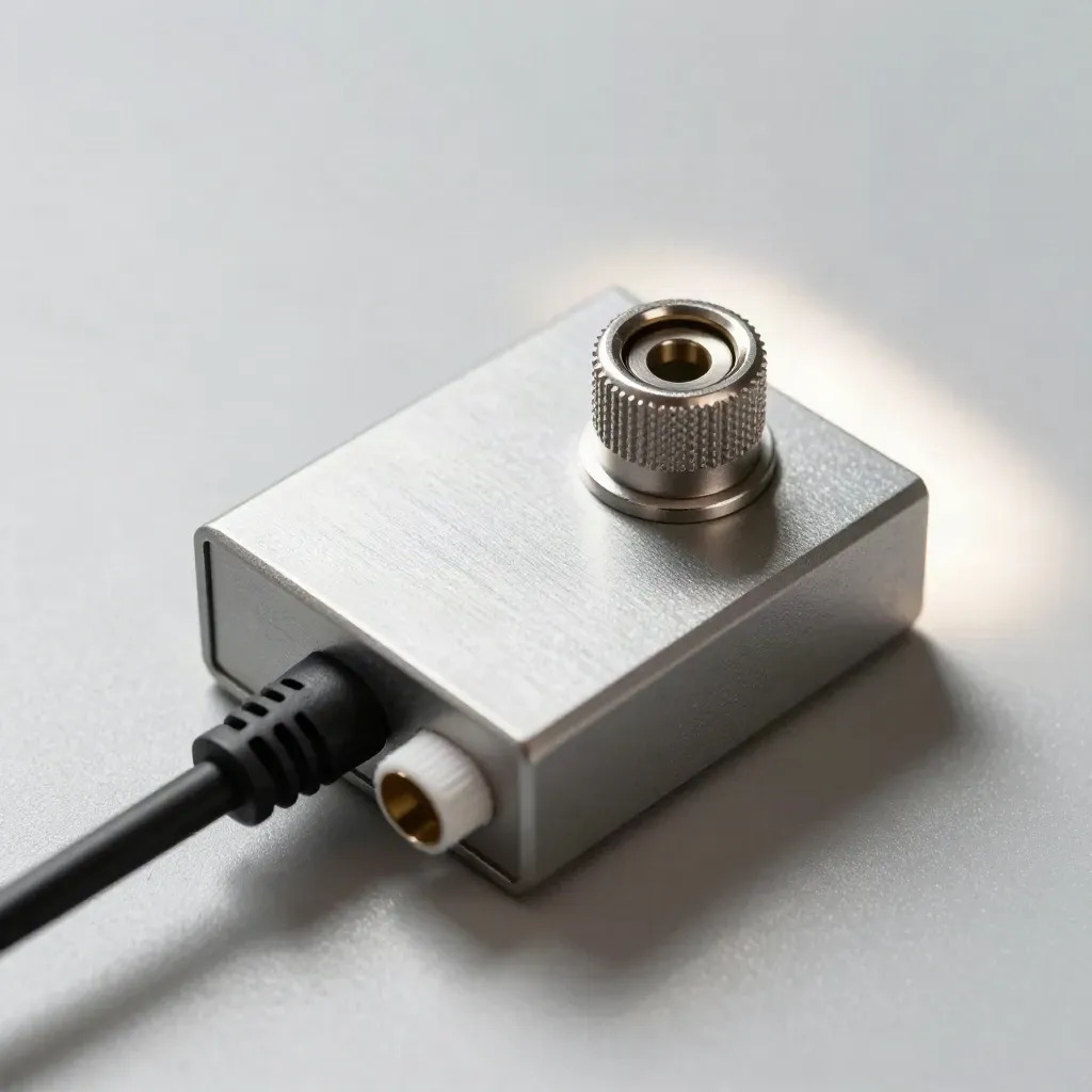 Macro of a KVM dongle, patch lead, and metal port cap on brushed aluminium under skimming light.