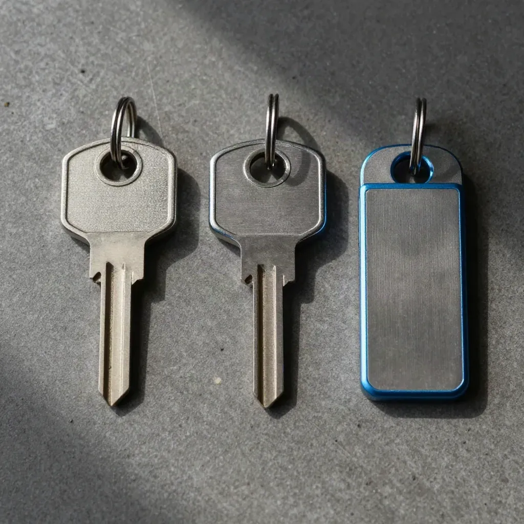 Two hardware security keys and a blank sleeve on dark concrete, seen from above.