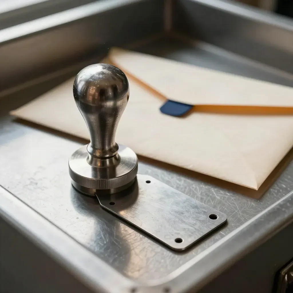 Metal archive seal, punched tag, and folded export envelope on brushed steel.