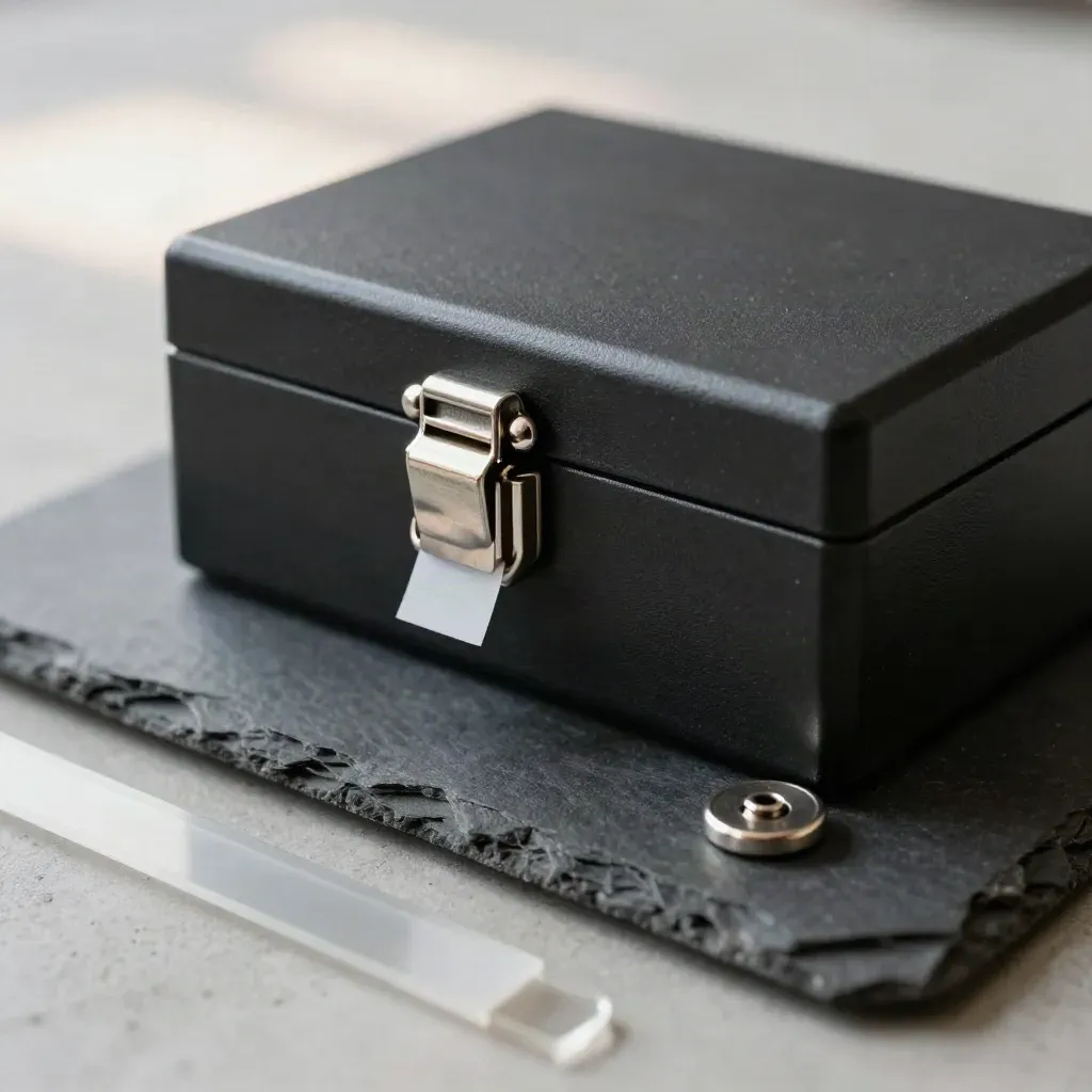 Macro still life of a closed lockbox, tamper seal, and hardware token on graphite.