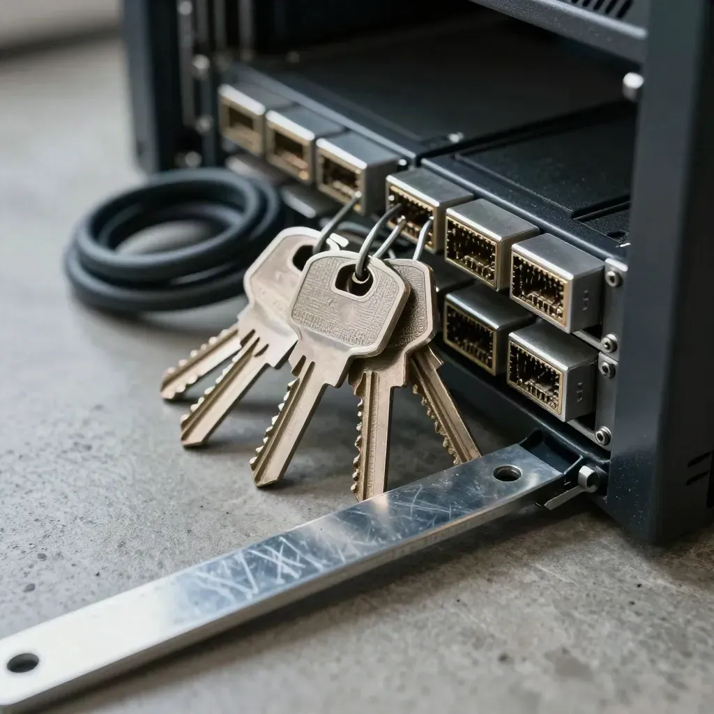 Macro field kit of rack keys, SFP shells, and cable loop beside a server rack