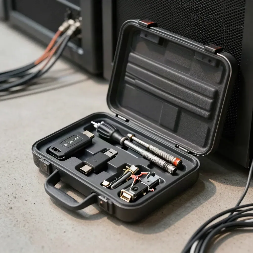 Open IT admin kit on pale concrete with security key, screwdriver set and adapter tips, seen through cables