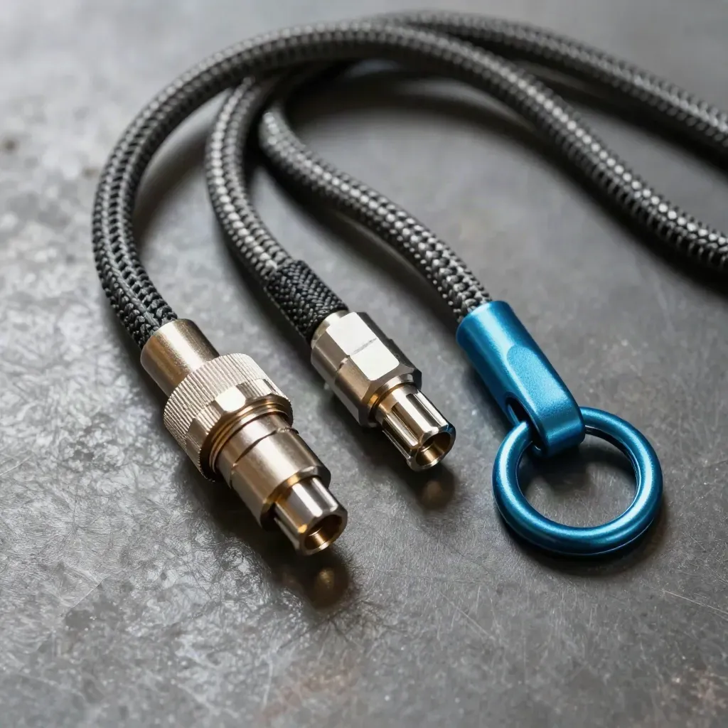 Top-down still life of braided connectors and a sensor plug on matte metal with cyan accents