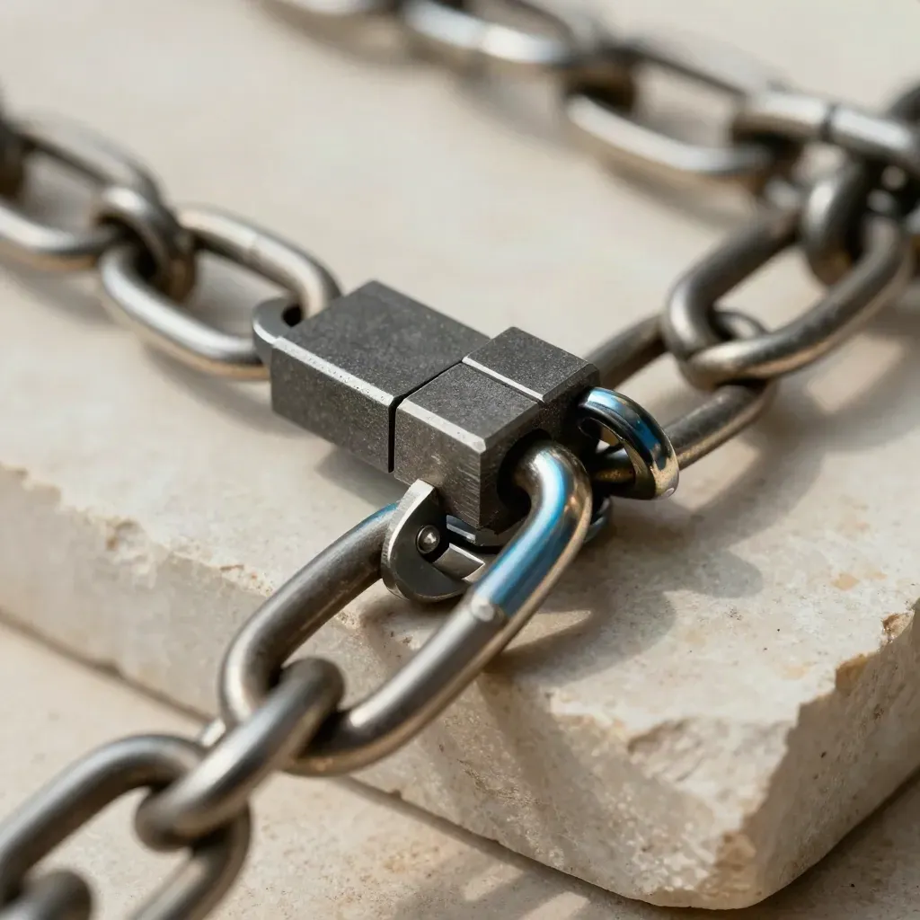 Extreme macro of linked metal rings and connector blocks on stone under dramatic studio light.