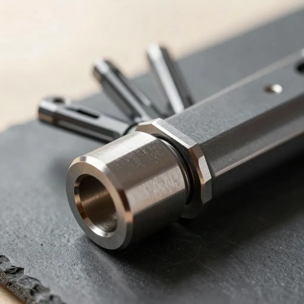 Macro still life of steel couplers, hex keys, and a bridge plate on graphite.
