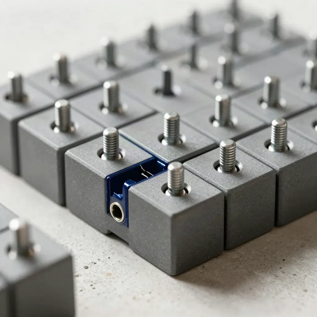 Top-down macro of modular blocks and a split connector on pale concrete with cool navy accents.