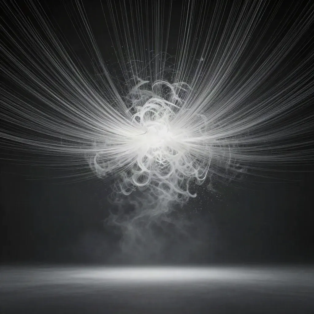 Silver filaments stream into an off-centre white bloom in dark graphite haze.