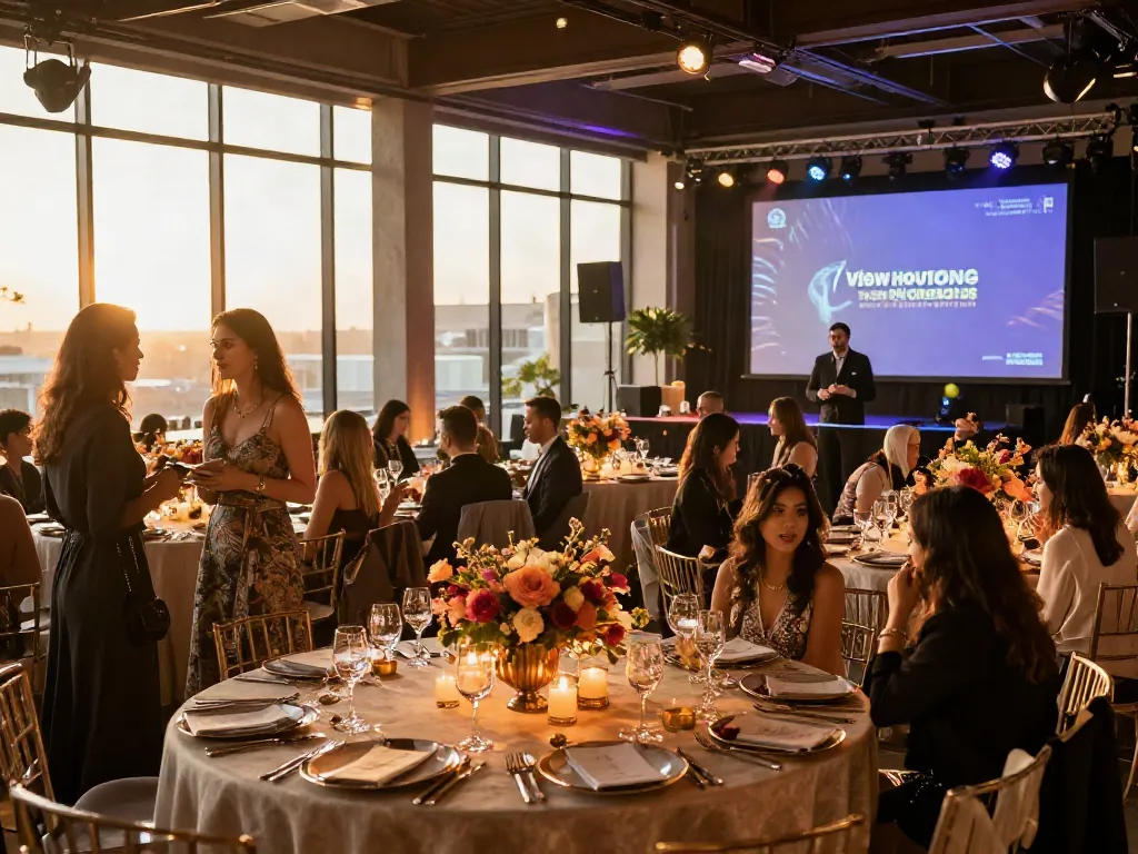Elegant gala event showcasing premium event rental ksa services with luxury décor, AV setup, and guests enjoying the ambiance.