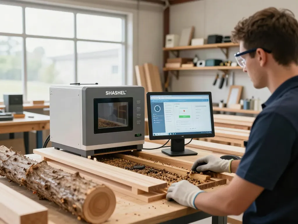 SHASHEL® microwave technology in action, eliminating wood-boring insects in a modern workshop.